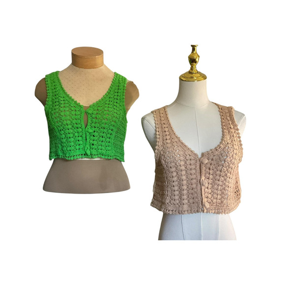 NWT Julia by LoveJ Womens Large Green Beige Crochet Vests Set Boho Sleeveless - Picture 1 of 13